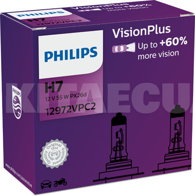 Галогенные лампы H7 55W 12V VisionPlus +60% комплект PHILIPS (PS 12972 VP C2)