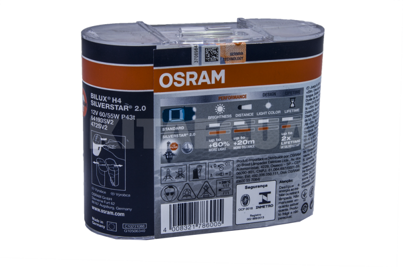 Галогенные лампы Н4 60/55W 12V Silverstar +60% комплект Osram (OSR64193SV2DUO) - 3