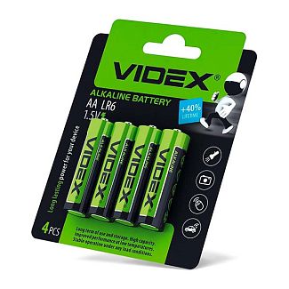 Батарейка цилиндрическая щелочная AA 1.5 В 4шт. BLISTER CARD VIDEX
