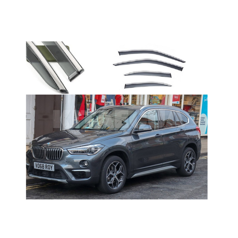 Дефлекторы окон (ветровики) молдинг из нержавеющей стали 3D на BMW X1 (2016-2020) 4 шт. FLY (BBMWX11623-W/S)