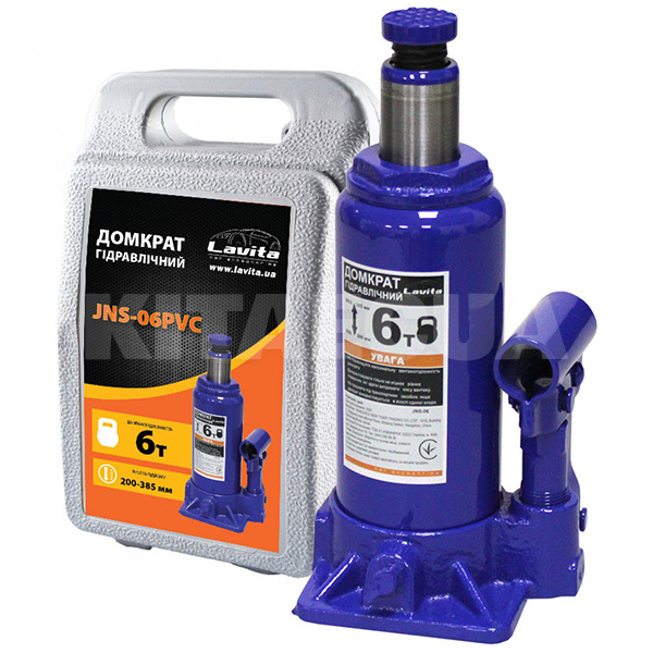 Домкрат гидравлический бутылочный до 6т (200мм-385мм) пластиковый кейс LAVITA (LA JNS-06PVC)