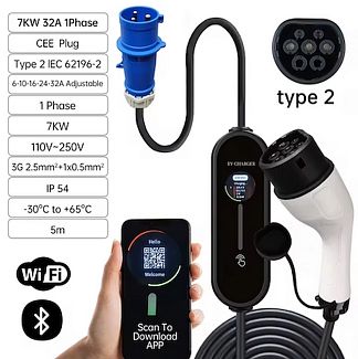 Зарядка для электромобиля 7,4 кВт 32А 1-фаза Type 2 (европейское авто) Wi-fi Susutoo