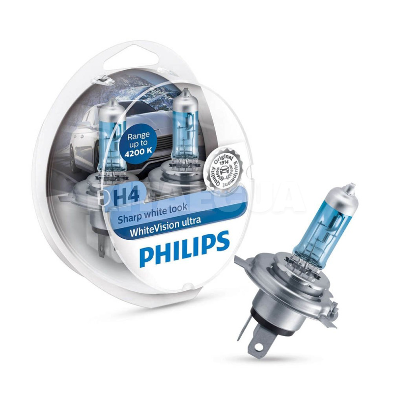 Галогенные лампы H4 60/55W 12V WhiteVision Ultra +60% комплект PHILIPS (12342WVUSM)