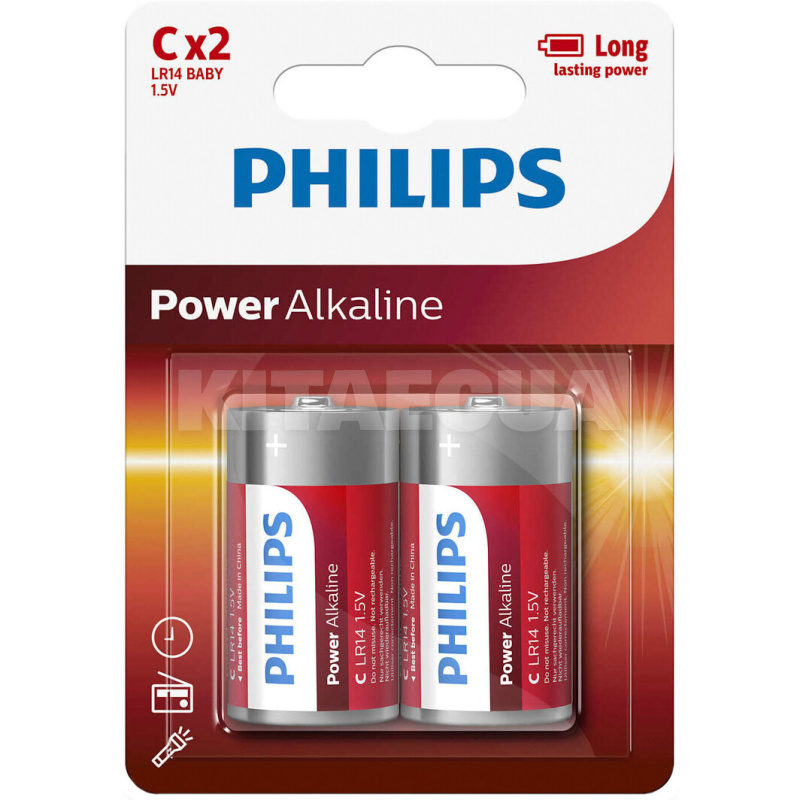 Батарейка цилиндрическая щелочная 1,5 В C (2 шт.) Power Alkaline PHILIPS (PS LR14P2B/10)