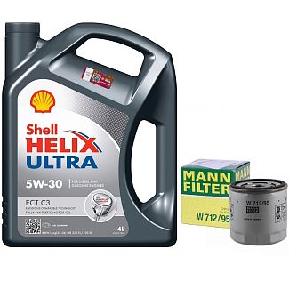 Масло синтетическое 4л 5W-30 Helix Ultra + фильтр Mann-Filter на Volkswagen Golf VII 1.4 TSI SHELL