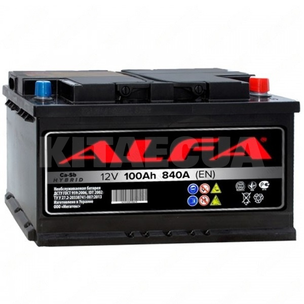 Акумулятор автомобільний 100Ач 840А "+" праворуч ALFA (ALFA-6СТ-100-АЗ-Ca/C)