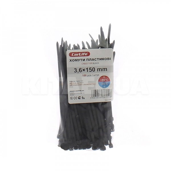Стяжки черные пластиковые 150 x 3.6 мм 100 шт. CARLIFE (BL3.6x150-CARLIFE)