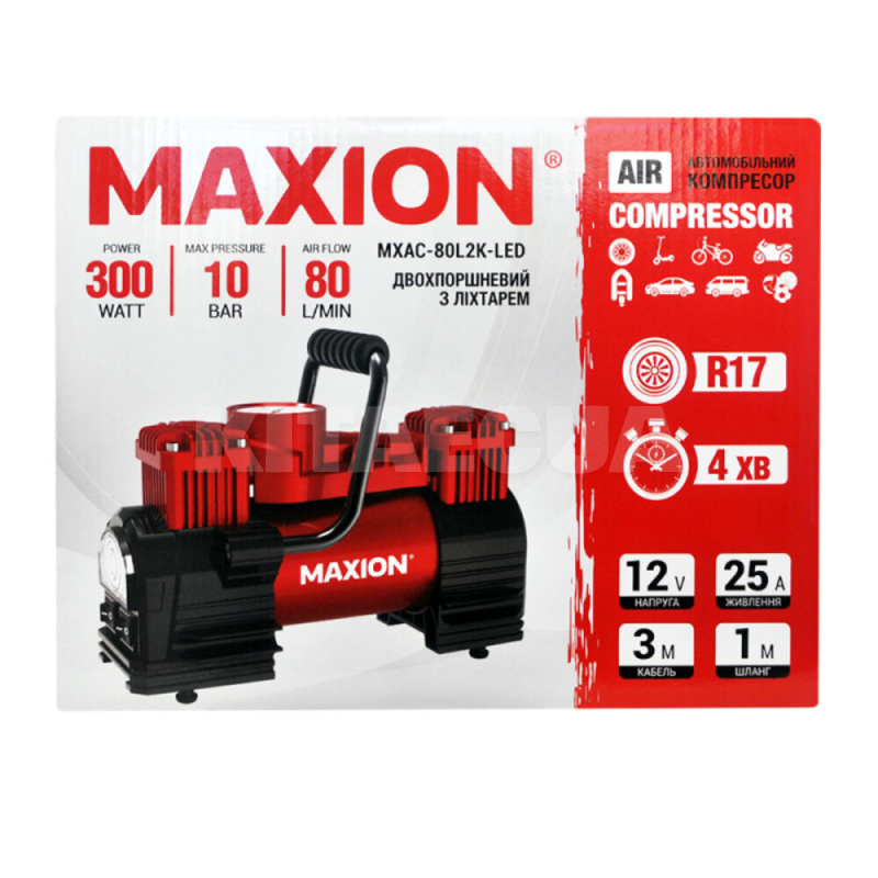 Компрессор автомобильный двухпоршневой 80л/мин 300Вт 10Атм с фонарем MAXION (MXAC-80L2K-LED) - 3