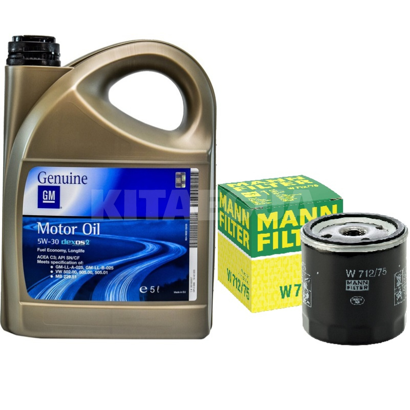Масло синтетическое 5л 5W-30 Dexos2 + фильтр Mann-Filter на Chevrolet Aveo 1.5 GM (1942003-W712-75)