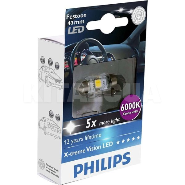 LED лампа для авто X-treme Vision Festoon SV8.5 0.8W 6000K 43 мм PHILIPS (PS 129466000K X1)