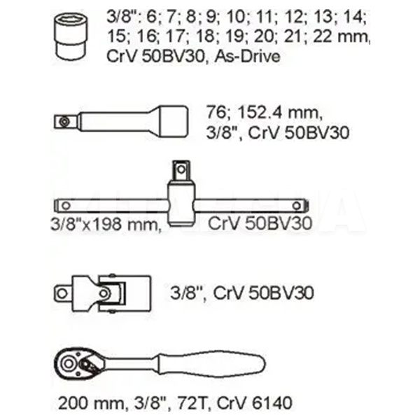 Набор насадок торцевых CrV с трещеткой 3/8" 22 предмета в ложементе YATO (YT-5542) - 2