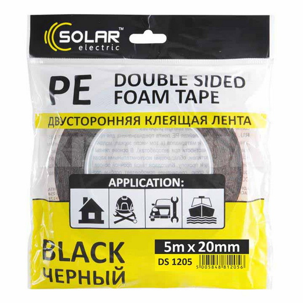 Двостороння клейка стрічка 5 м х 10 мм чорна Solar (DS1105)