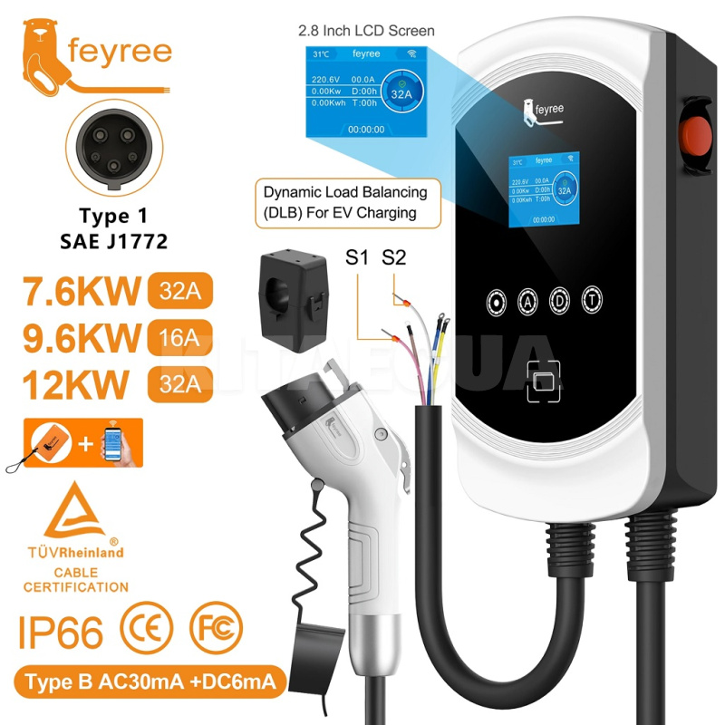 Зарядка для электромобиля Gemini Wi-Fi 7.4 кВт Type 1 32А 1-фаза FEYREE (FY7-32-1PH-T1-CS-GEM-DLB) - 3