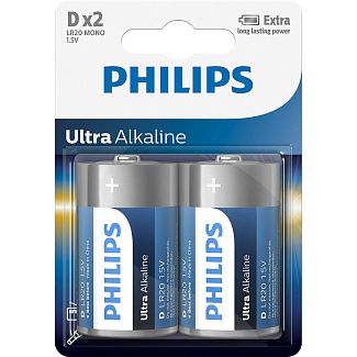 Батарейка цилиндрическая щелочная 1,5 В D (2 шт.) Ultra Alkaline PHILIPS