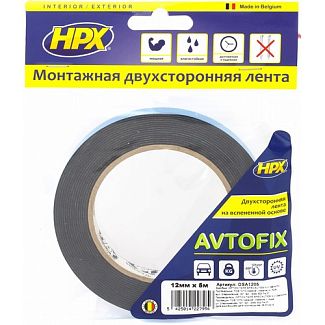 Двухстороння вспененная лента для молдингов / ветровиков / мухобоек черная 5м х 12мм Avtofix HPX