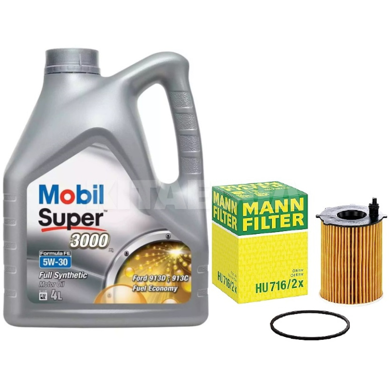 Масло синтетическое 4л 5W-30 Super 3000 X1 + фильтр Mann-Filter на Ford Focus 1.6 MOBIL (152564-HU716-2x)