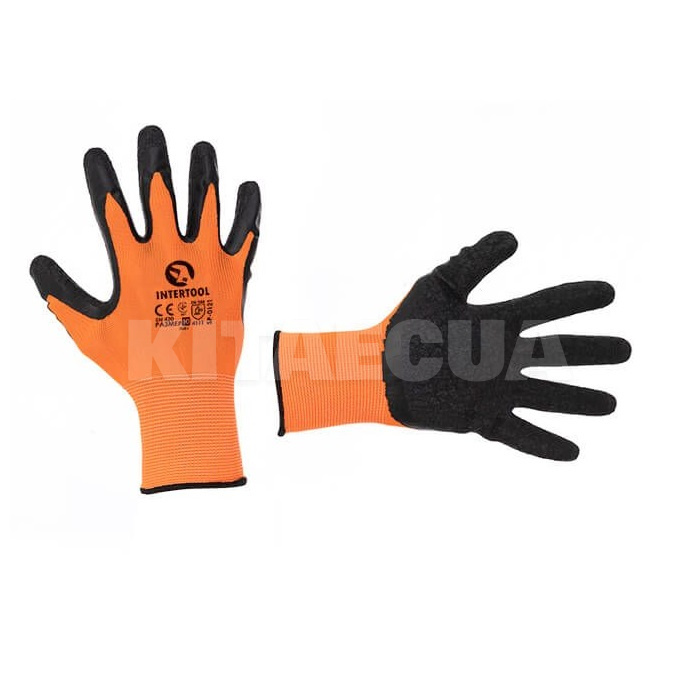 Перчатка оранжевая синтетическая с черным вспененным латексом 10" Intertool (SP-0121)