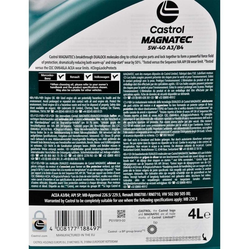 Масло моторное синтетическое 4л 5W-40 Magnatec A3/B4 CASTROL (CASMAGC35W40-4) - 3