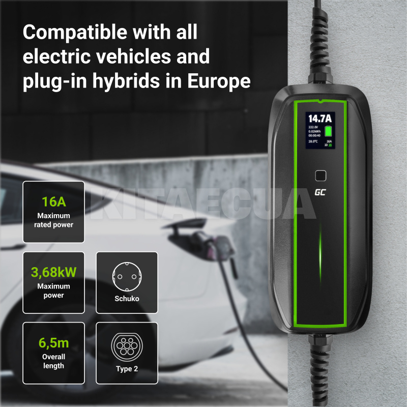 Зарядка для электромобиля 3.7 кВт 16А 1-фаза Type 2 (европейское авто) Power Cable Green Cell (EV16) - 9
