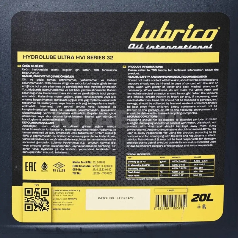 Масло гидравлическое минеральное 20л HYDROLUBE ULTRA HVI 32 LUBRICO (L-1070-20100200) - 3