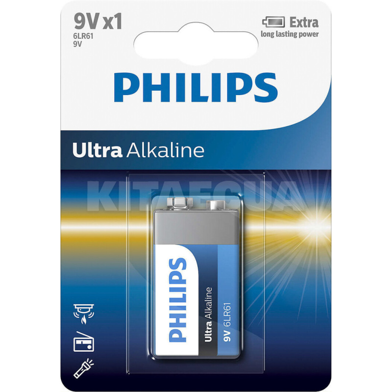 Батарейка прямоугольная щелочная 9 В PP3 (Krona) Ultra Alkaline PHILIPS (PS 6LR61E1B/10)