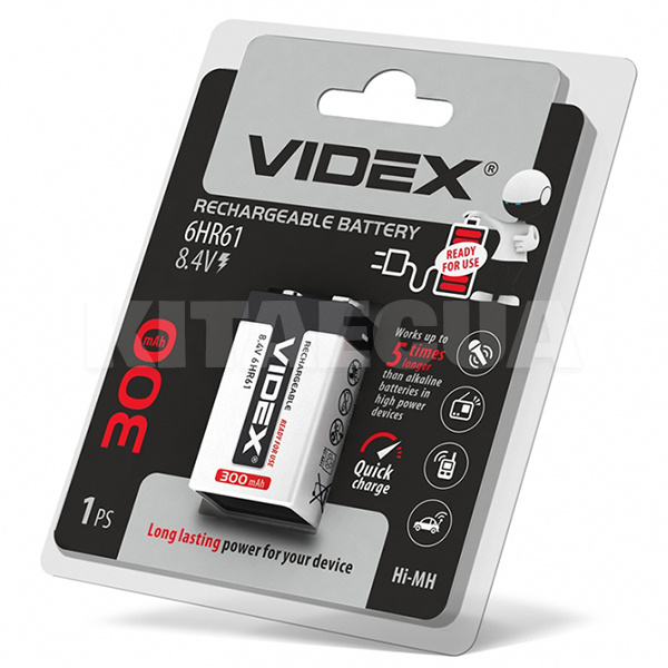 Акумулятор 6HR61 300 mAh прямокутна нікель-металогідридна 8,4 У 9-volt (1 шт.) VIDEX (6HR61/300/1DB)