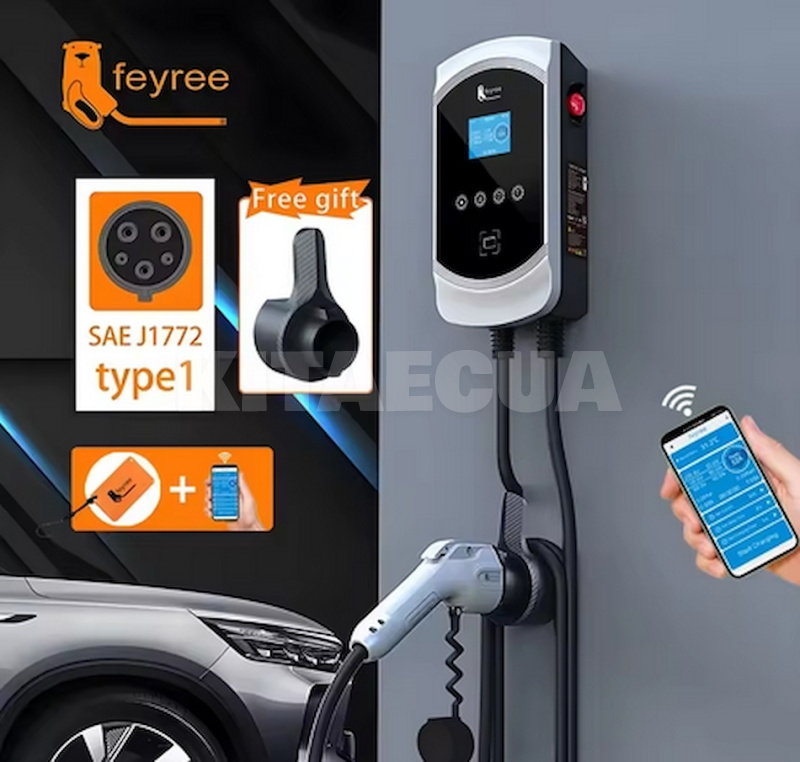 Зарядка для электромобиля Type 1 12 кВт 50А 1-фаза Wi-Fi Gemini FEYREE (FY12-50-1PH-TP1-CS-G)