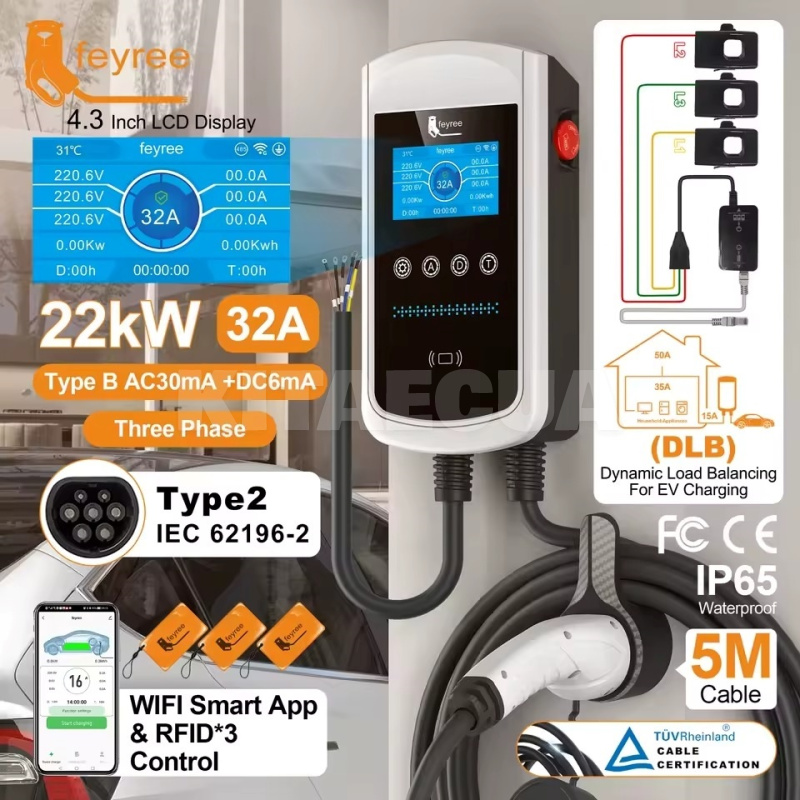 Зарядка для электромобиля Type 2 22 кВт 32А 3-фазы Pisces DLB FEYREE (FY22-32-3P-T2-PIS-DLB-3CT) - 2
