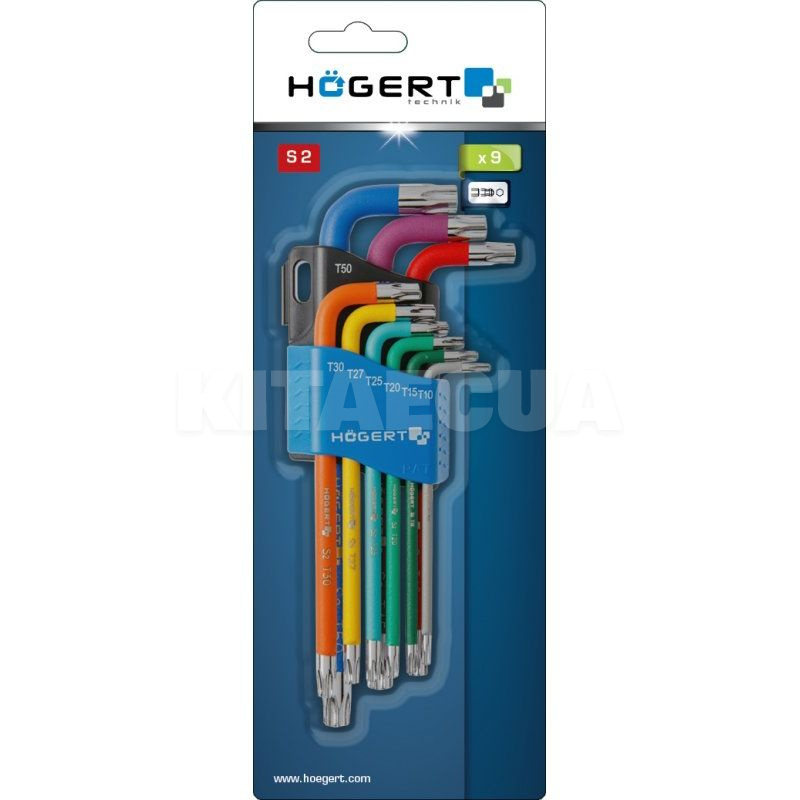 Набір ключів TORX Г-подібних подовжених з кольоровим маркуванням Т10-Т50 9 предметів HOGERT (HT1W817) - 2