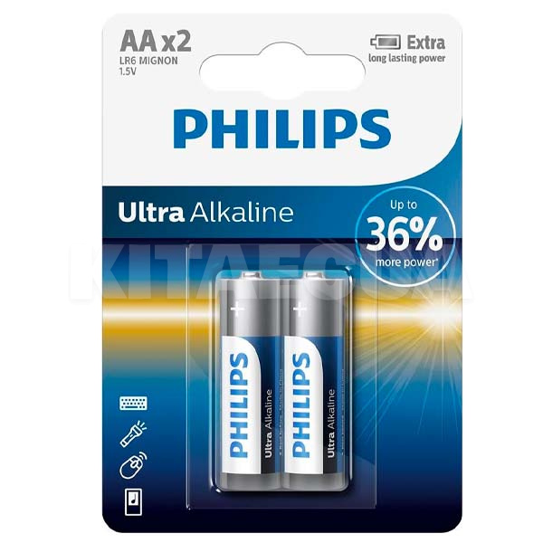 Батарейка цилиндрическая щелочная Ultra Alkaline 1.5 В AA (LR6) 2шт. PHILIPS (LR6E2B/10) - 2