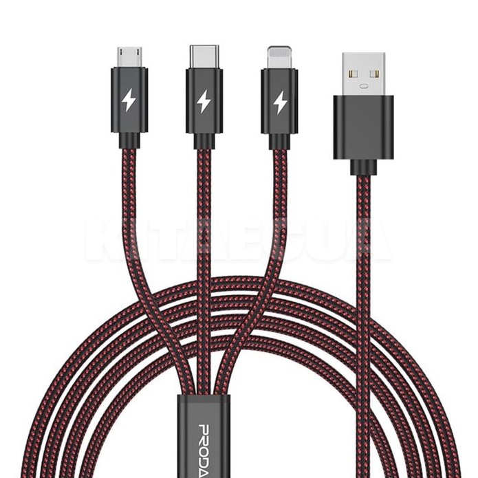 Кабель 3в1 USB - microUSB/Lightning/Type-C 2A PD-B65th 1.2м красный Proda (PD-B65th-RD)