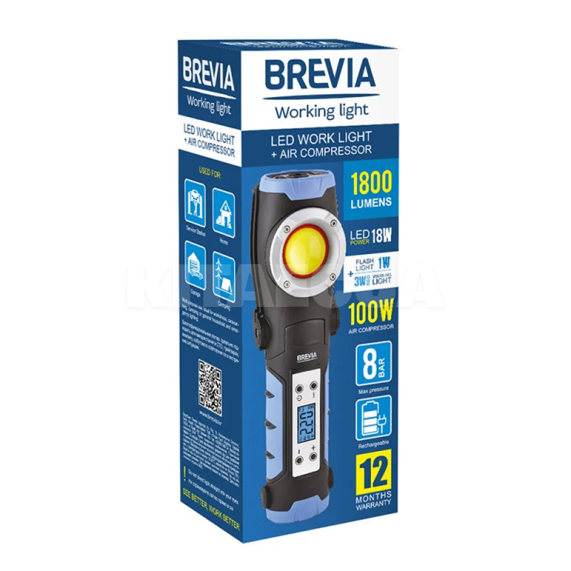 Компрессор автомобильный 100Вт 8атм 20л/мин с фонариком 18Вт BREVIA (11450) - 4