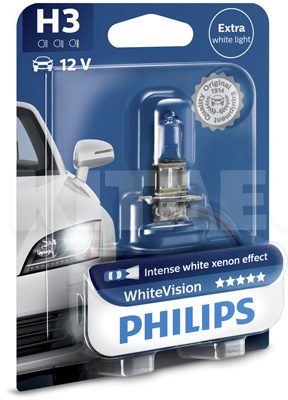 Галогенова лампа H3 12V 55W WhiteVision +60% "блістер" PHILIPS (PS 12336WHVB1)