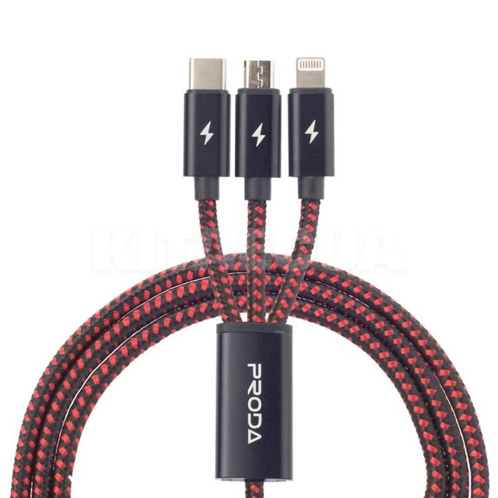Кабель 3в1 USB - microUSB/Lightning/Type-C 2A PD-B65th 1.2м червоний Proda (PD-B65th-RD) - 4