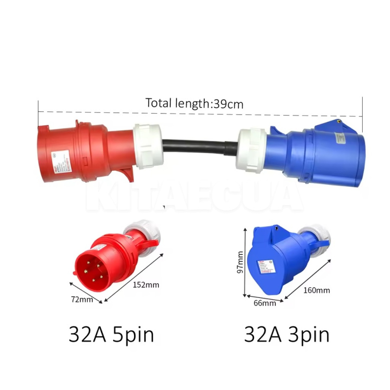 Переходник для зарядки электромобилей Red CEE 32A 3-фазный - Blue CEE 32A 1-фазный JIGU (P-CEERB) - 2