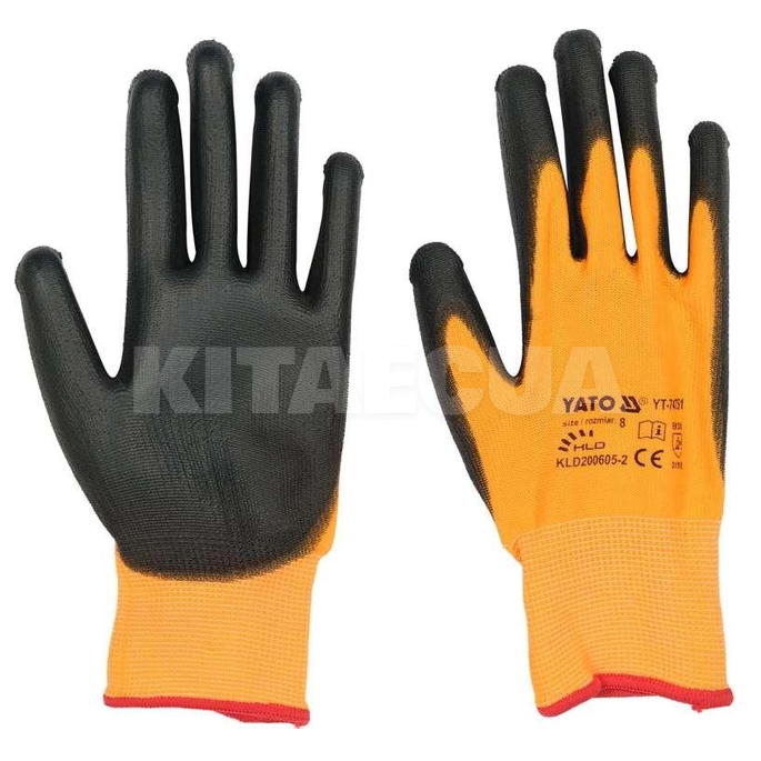 Перчатки рабочие полиуретановые желто-черные 8" YATO (YT-74751)