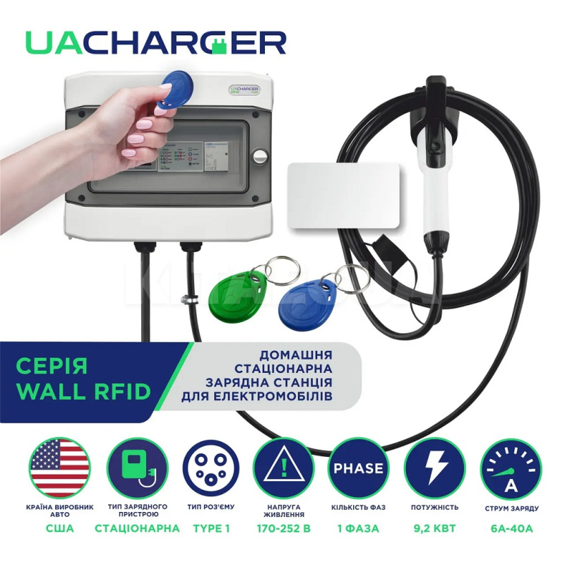 Зарядка для электромобиля 9.2 кВт 40А 1-фаза Type 1 (американское авто) 10м WALL RFID UACHARGER (CHC-WLRF220911-21-10) - 5