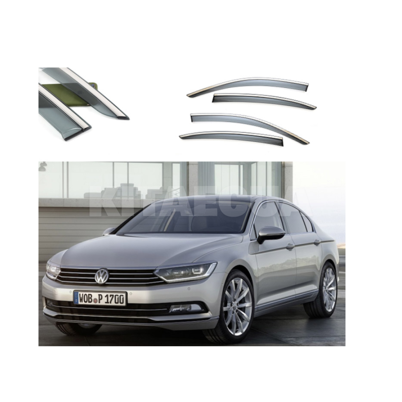 Дефлектори вікон (Вітровики) з нержавіючої сталі 3D на Volkswagen Passat B8 (2015-2016) 4 шт. FLY (BVWP81523-W/S)