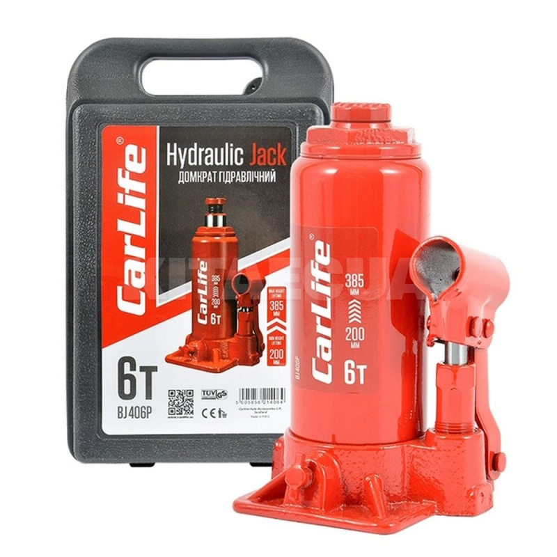 Домкрат гідравлічний пляшковий 6т (200мм-385мм) з пластиковим кейсом CARLIFE (BJ406P)