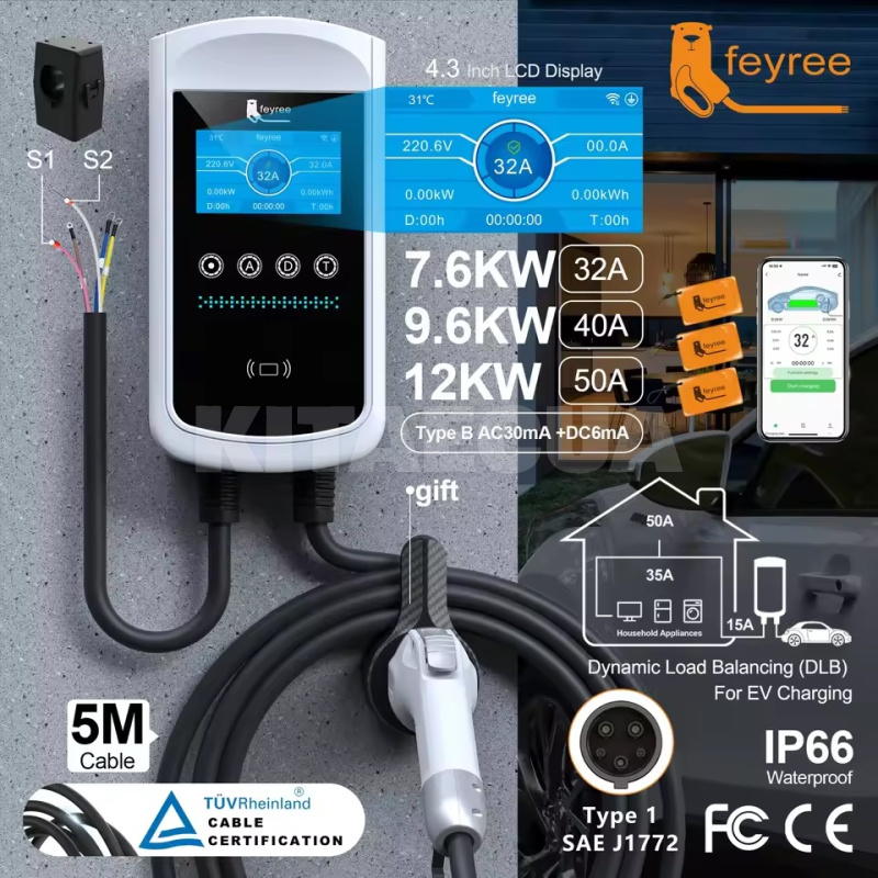 Зарядка для электромобиля Type Tesla 12 кВт 50А 1-фаза Wi-Fi Pisces EV-DLB APP Version FEYREE (FY12-50-1PH-TS-CS-PI) - 3