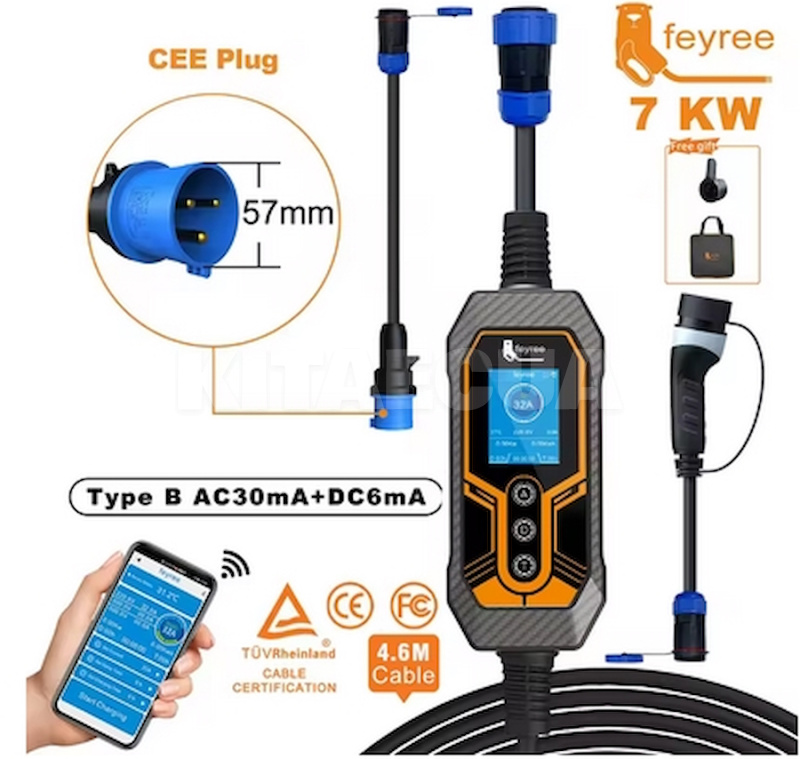 Зарядка для электромобиля Type 2 7.4 кВт 32А1-фаза WI-FI Lion King Replaceabl FEYREE на Подбор по авто Mercedes (FY7-32-1PH-TP2-K8-CU)