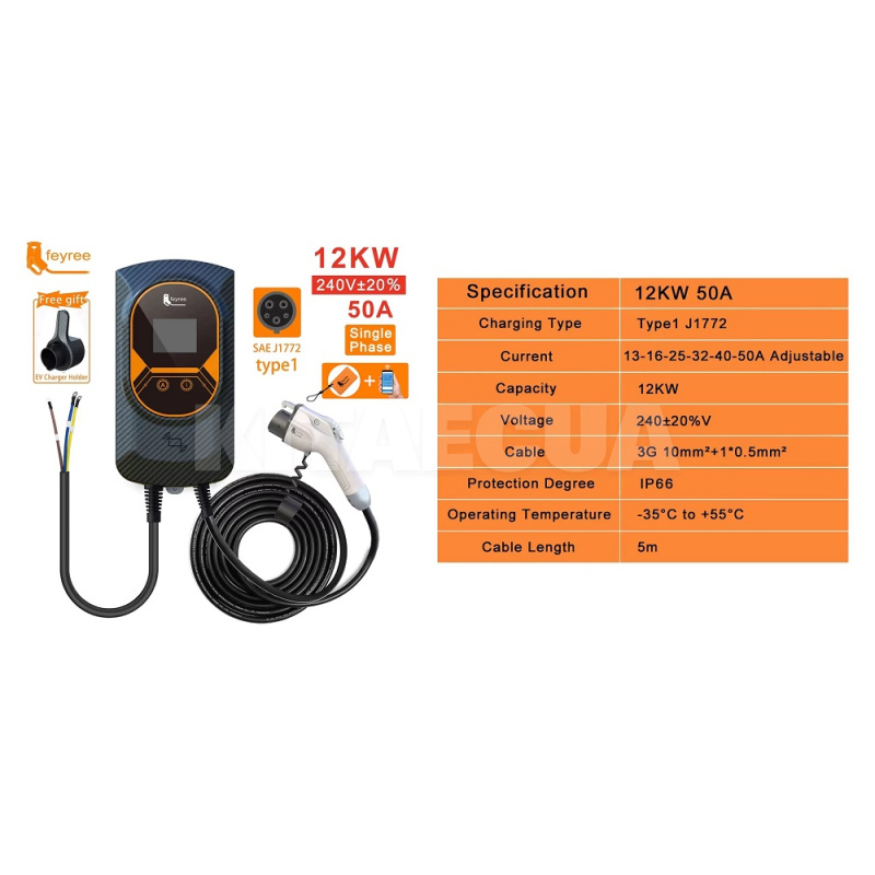Зарядка для електромобіля Type 1 12 кВт 50А 1-фаза Wi-Fi Gemini FEYREE (FY12-50-1PH-TP1-CS-GEM-PRO) - 3