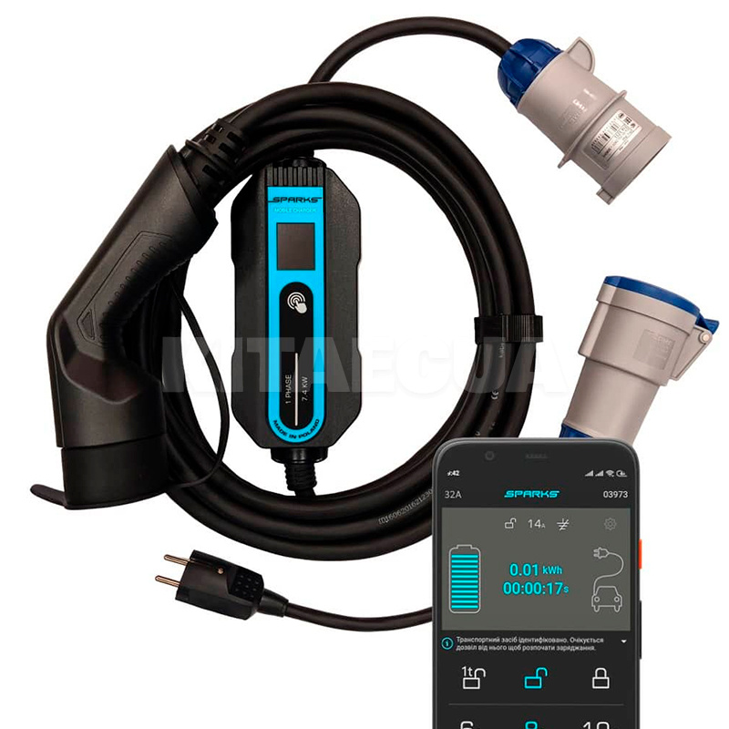Зарядка для электромобиля 7.4 кВт 32А 1-фаза Type 2 (европейское авто) Mobile Smart SPARKS (MS32T2)