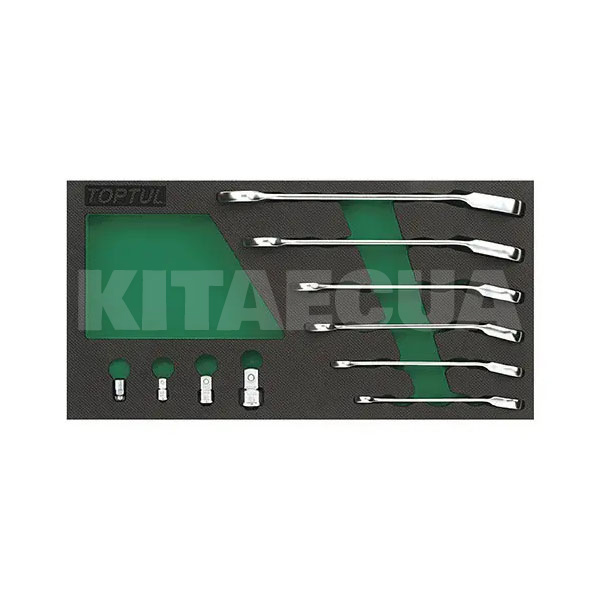 Набор ключей комбинированных трещеточных 10 предметов 8-19 мм с переходниками в ложементе TOPTUL (GVA1017)