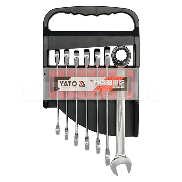 Набор ключей рожково-накидных CrV (10-19мм) 7 предметов с трещеткой YATO (YT-0208)