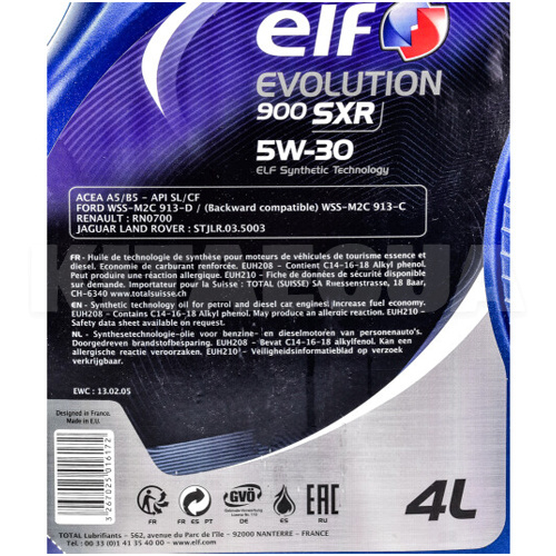 Масло моторное синтетическое 4л 5W-30 Evolution 900 SXR ELF (216643-ELF) - 2
